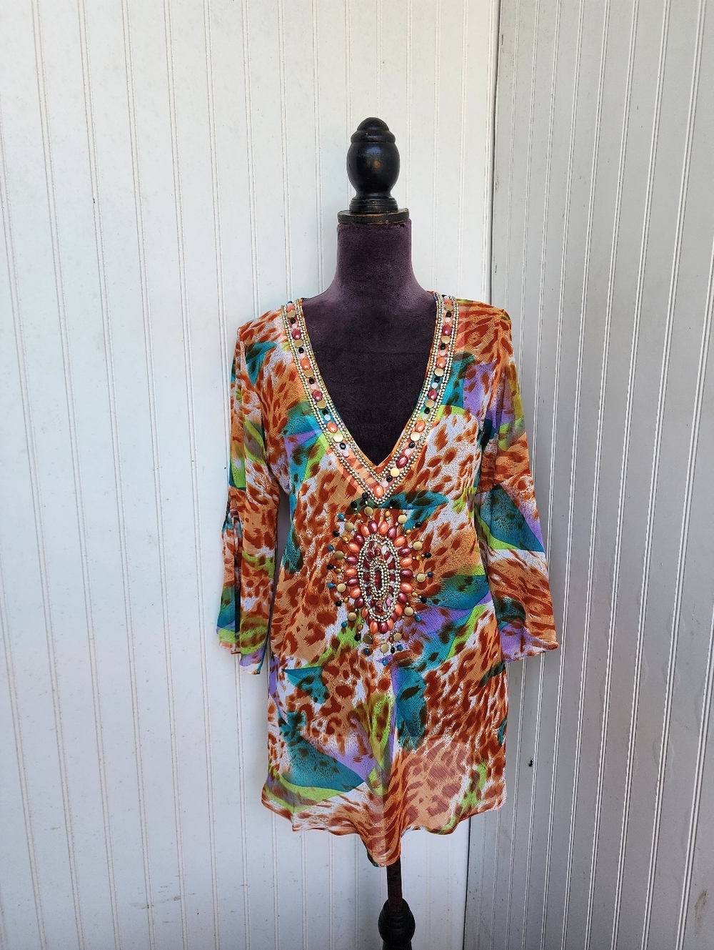 Paradise Womens Orange Multicolor Beaded Jewel V-Neck Blouse Sheer Chick Sz L